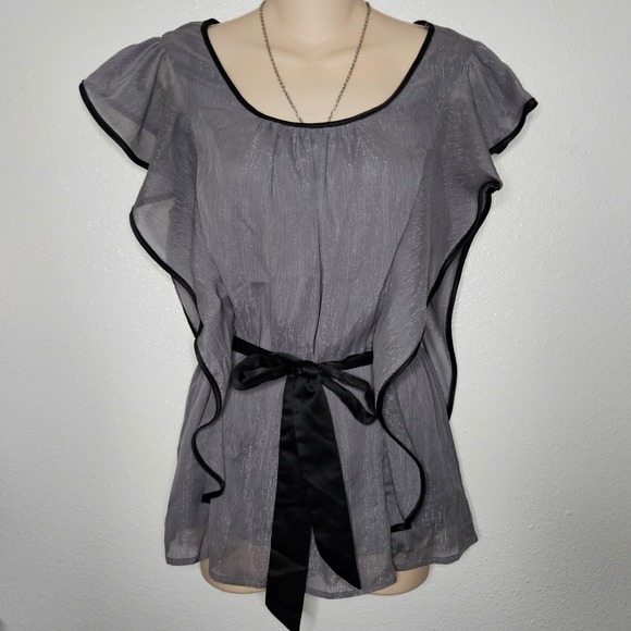 Iz Byer Tops - IZ‎ Byer Metallic Silver Grey Ruffle Flutter Sleeve Blouse Satin Tie